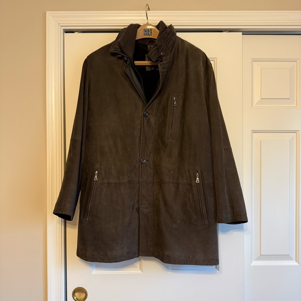 Jos A Bank Men’s Suede Genuine Leather Coat Pockets L Dark Brown